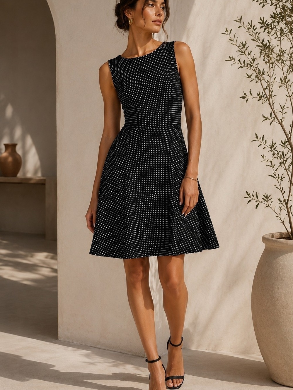 Black White Polka Dot Sz.S Fit & Flare Dress Sleeveless Retro Office